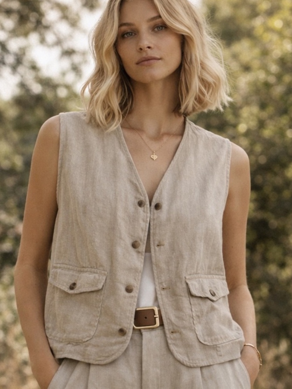 COLUMBIA Light oatmeal Linen Vest | Medium